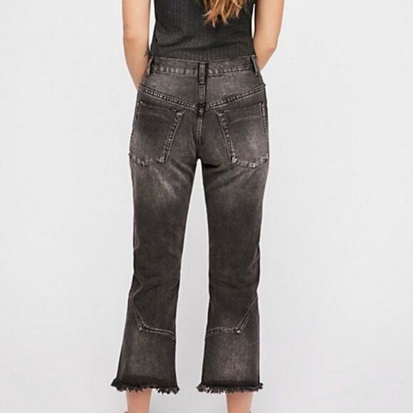 One Teaspoon Black Oak Jeans 24 Cropped Kick Flare Raw Hem Rigid Denim Pants - Picture 2 of 9